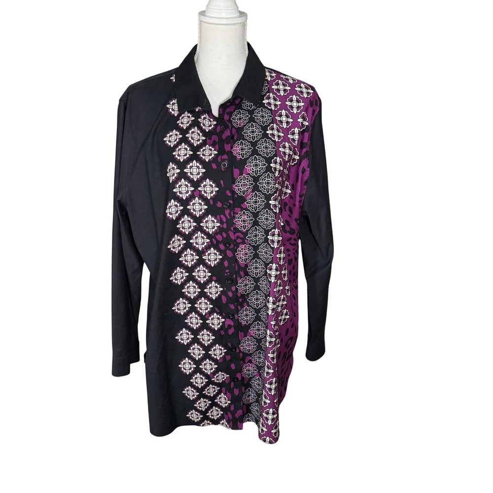 Chico's Purple Medallion No Iron Stretch Tunic Button Down Chico's Size 3.5 18 - Picture 15 of 16